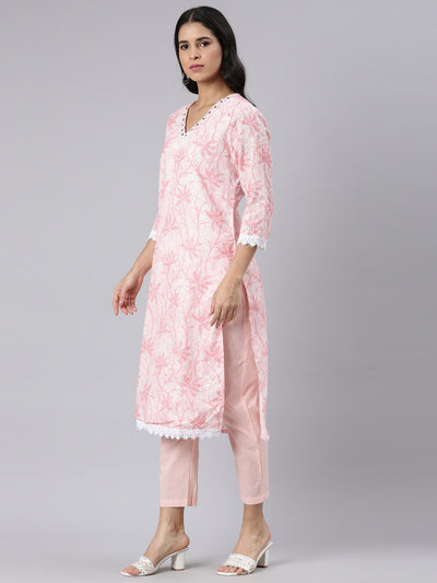 Neerus Pink Regular Straight Printed Kurta and Trousers With Dupatta