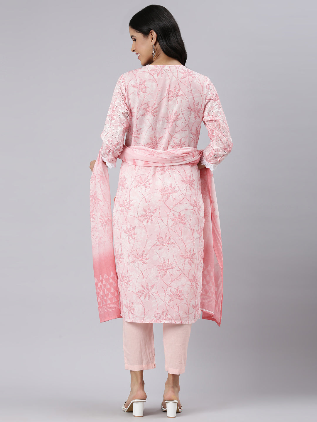 Neerus Pink Regular Straight Printed Kurta and Trousers With Dupatta