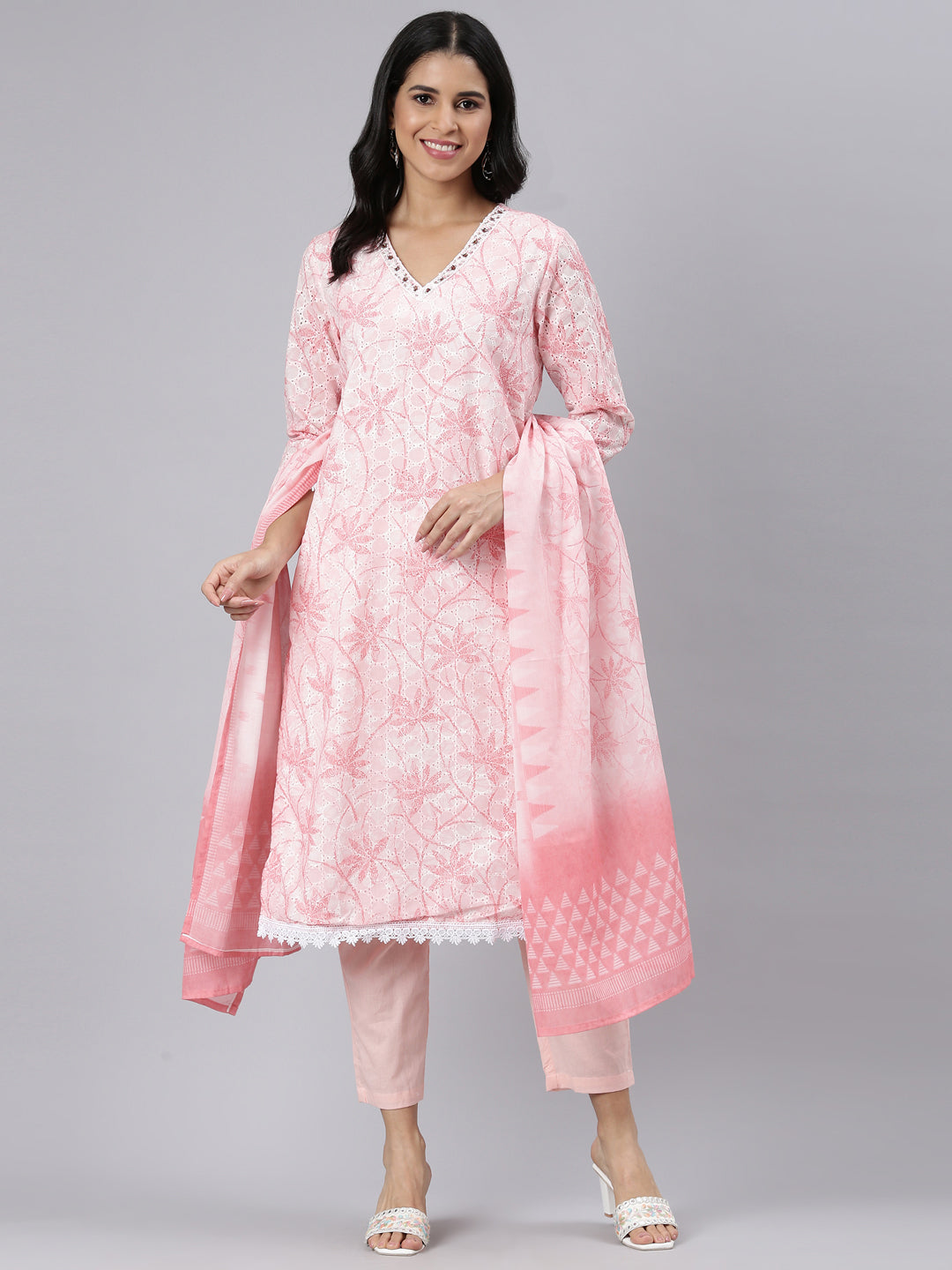 Neerus Pink Regular Straight Printed Kurta and Trousers With Dupatta