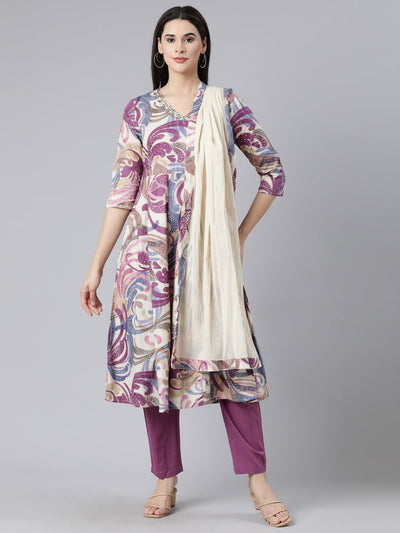 Neerus Multi Panelled Straight Printed Kurta And Trousers With Dupatta