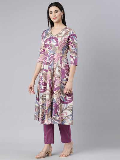 Neerus Multi Panelled Straight Printed Kurta And Trousers With Dupatta