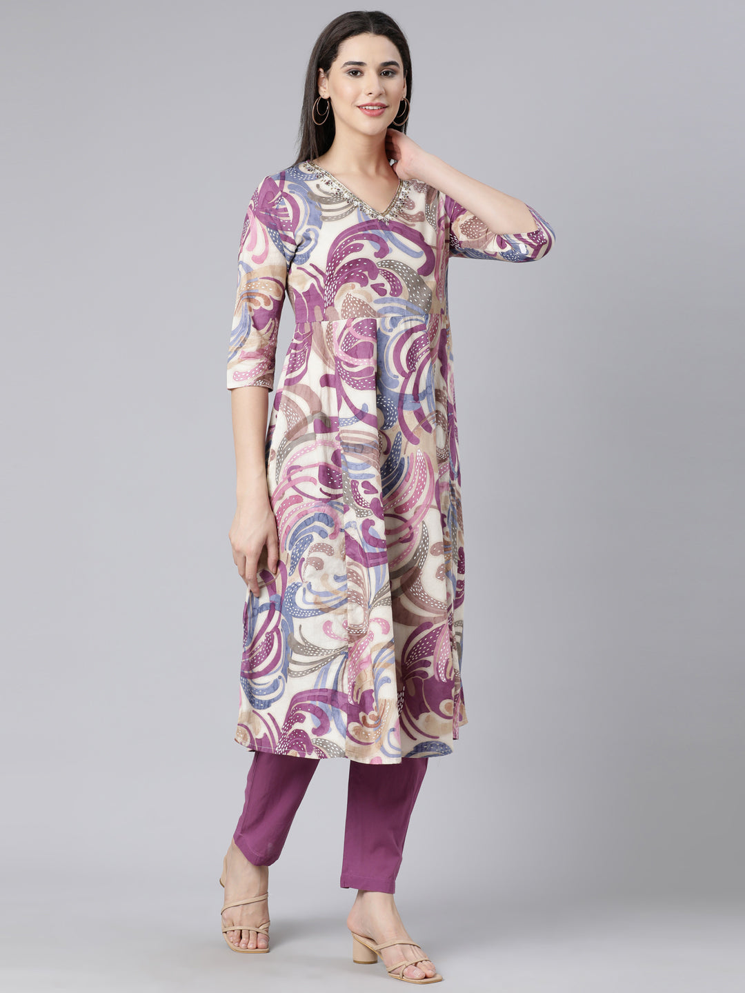 Neerus Multi Panelled Straight Printed Kurta And Trousers With Dupatta