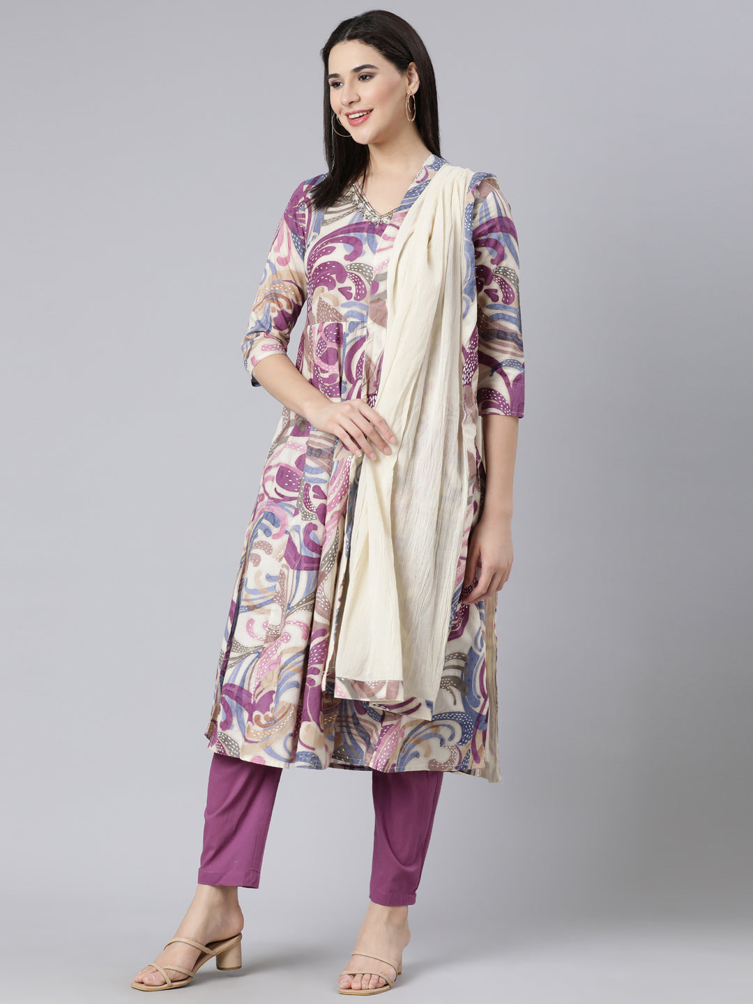 Neerus Multi Panelled Straight Printed Kurta And Trousers With Dupatta