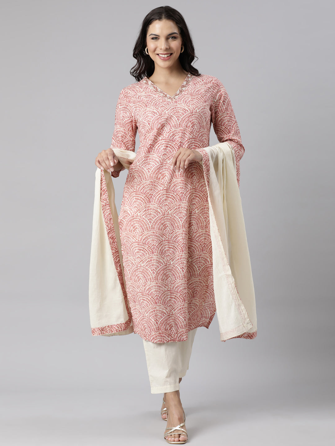 Neerus Pink Panelled Straight Printed Kurta And Trousers With Dupatta