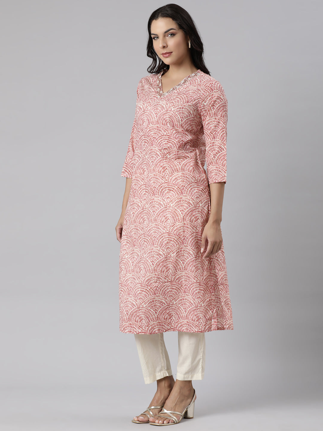 Neerus Pink Panelled Straight Printed Kurta And Trousers With Dupatta