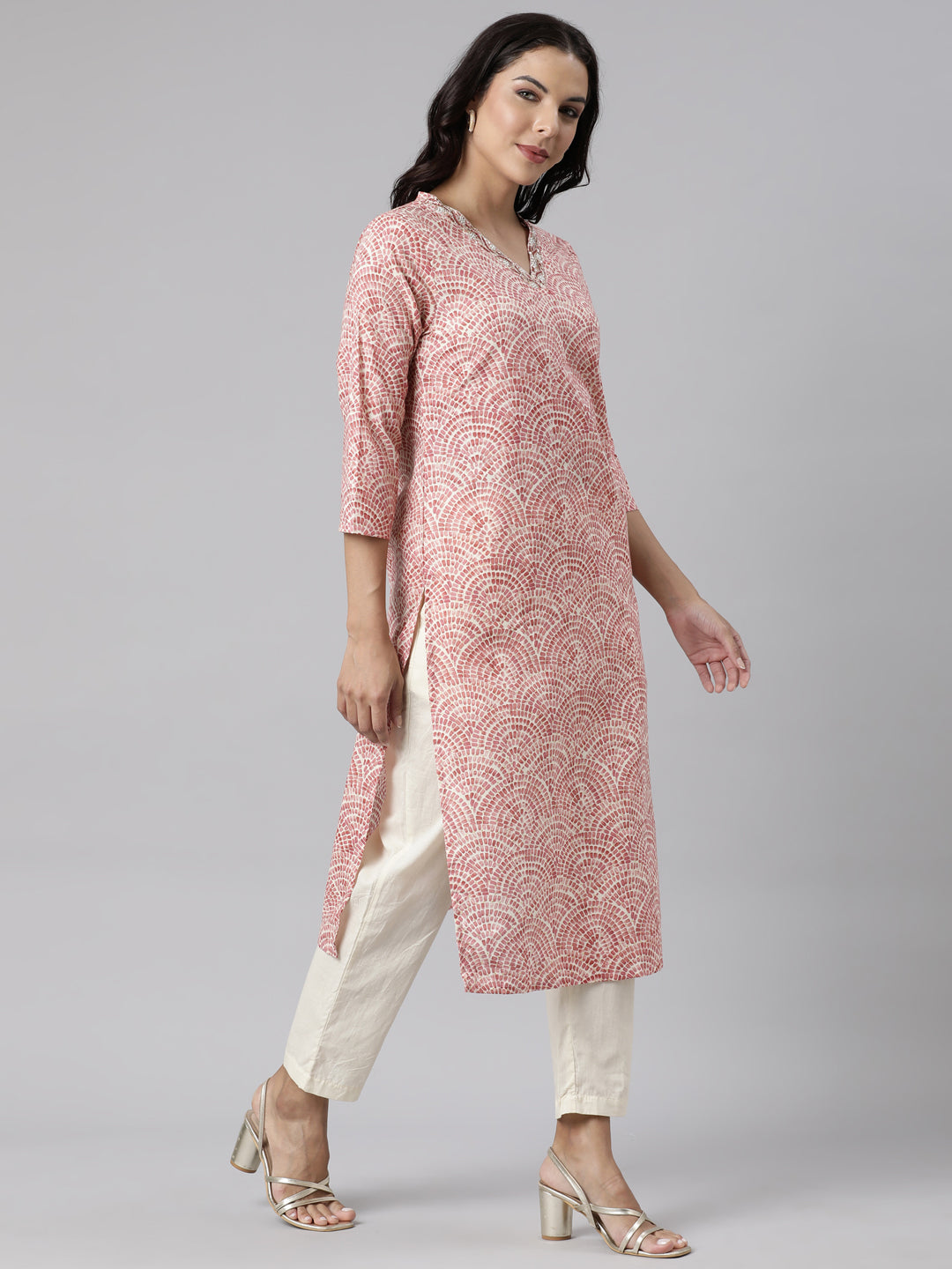 Neerus Pink Panelled Straight Printed Kurta And Trousers With Dupatta