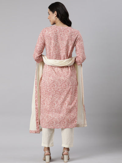 Neerus Pink Panelled Straight Printed Kurta And Trousers With Dupatta