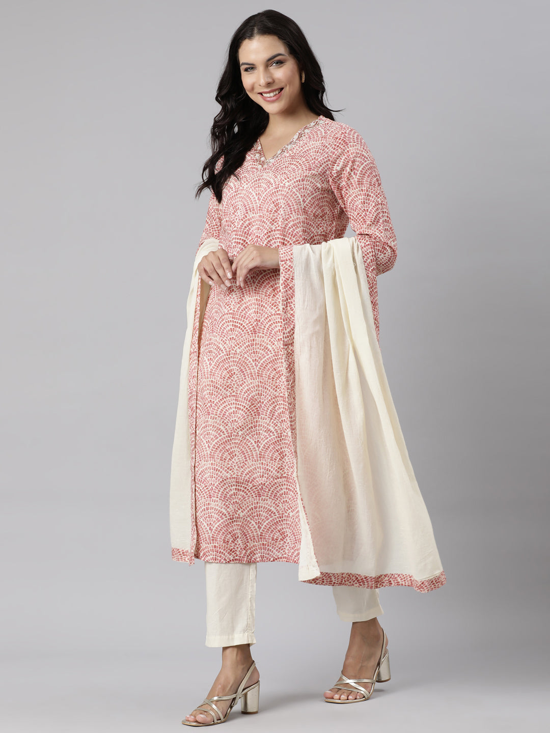 Neerus Pink Panelled Straight Printed Kurta And Trousers With Dupatta