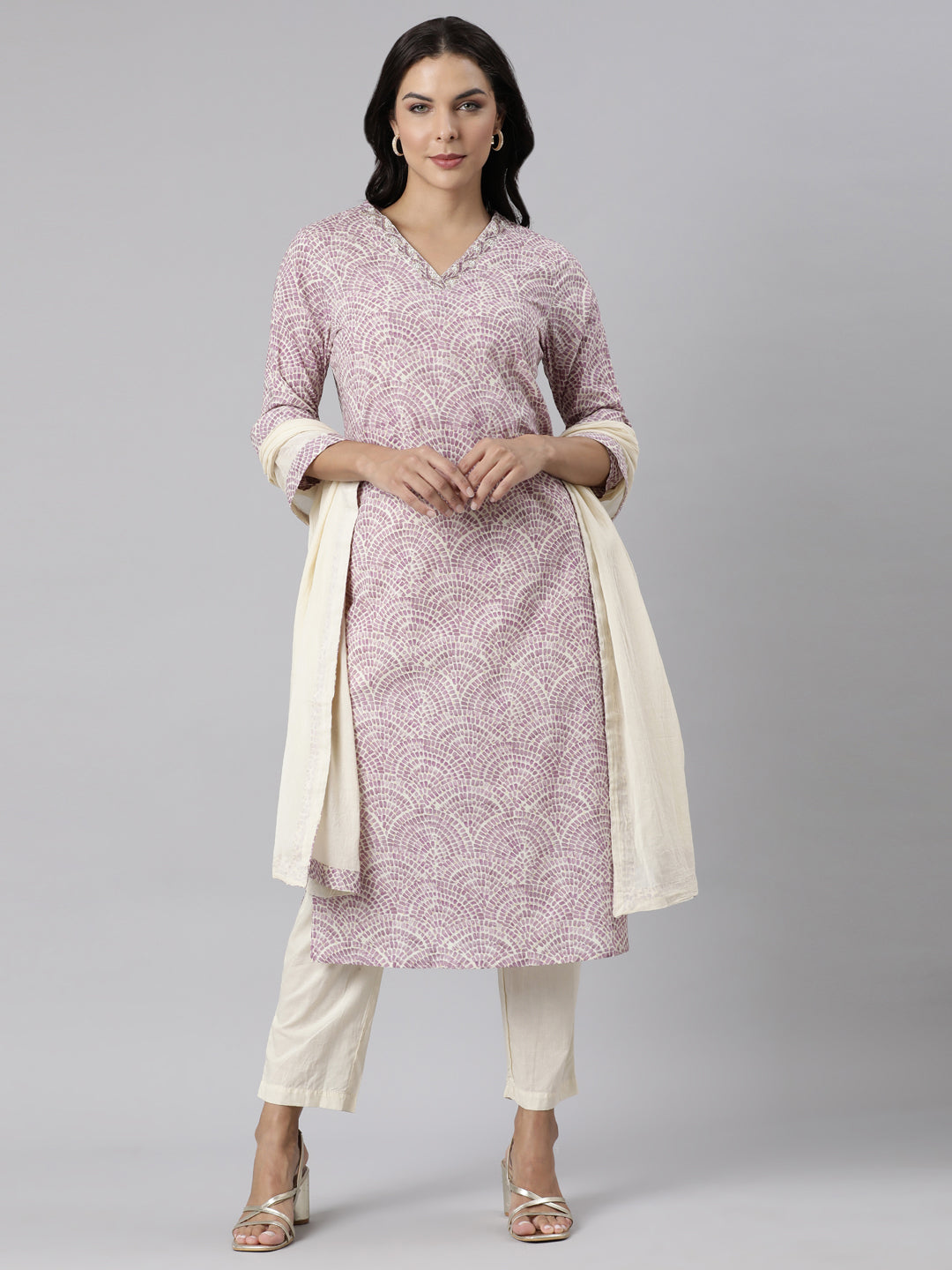 Neerus Purple Panelled Straight Printed Kurta And Trousers With Dupatta