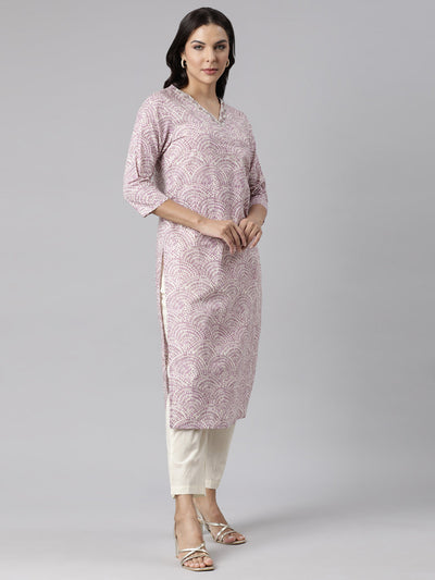 Neerus Purple Panelled Straight Printed Kurta And Trousers With Dupatta