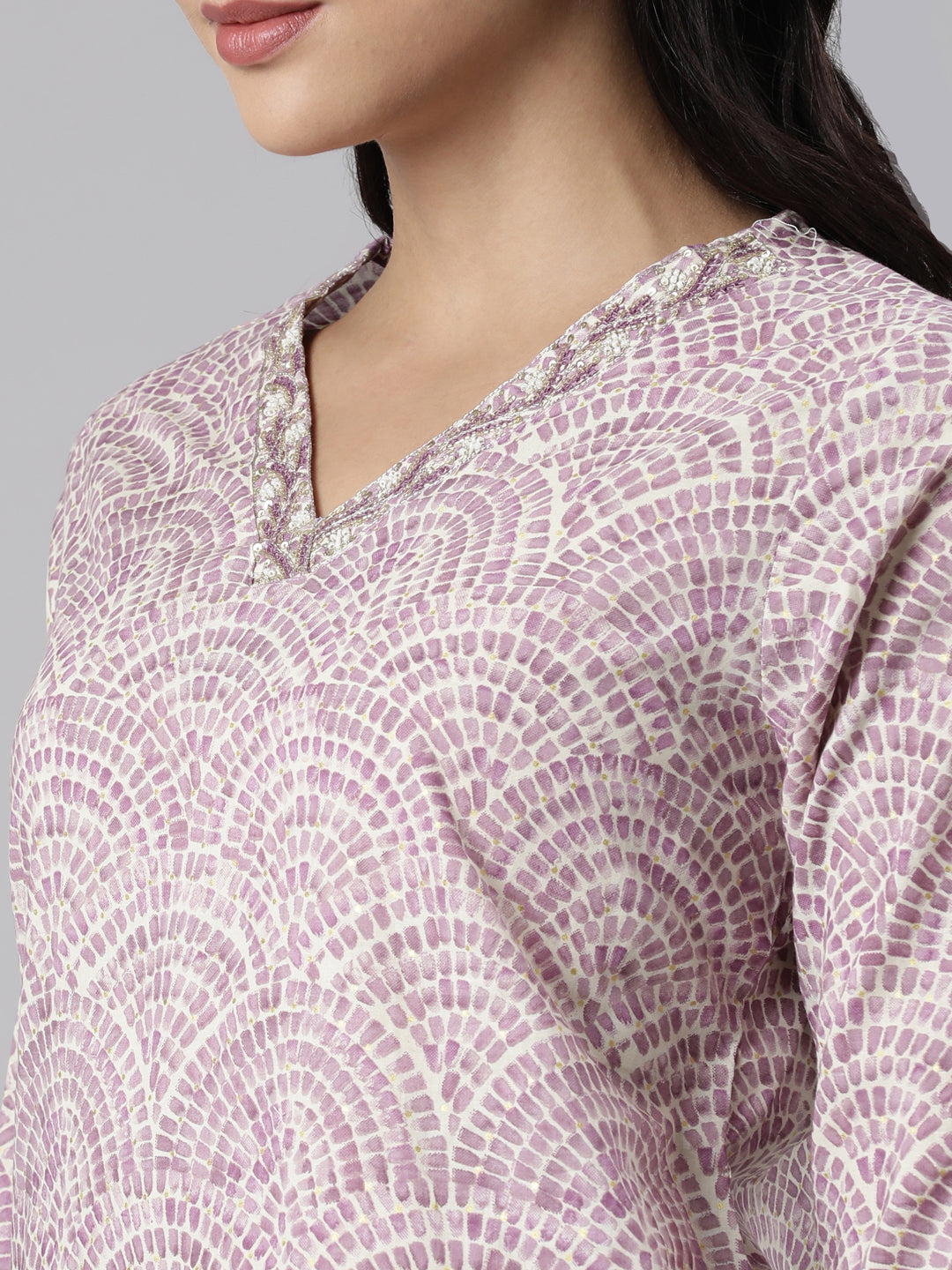 Neerus Purple Panelled Straight Printed Kurta And Trousers With Dupatta