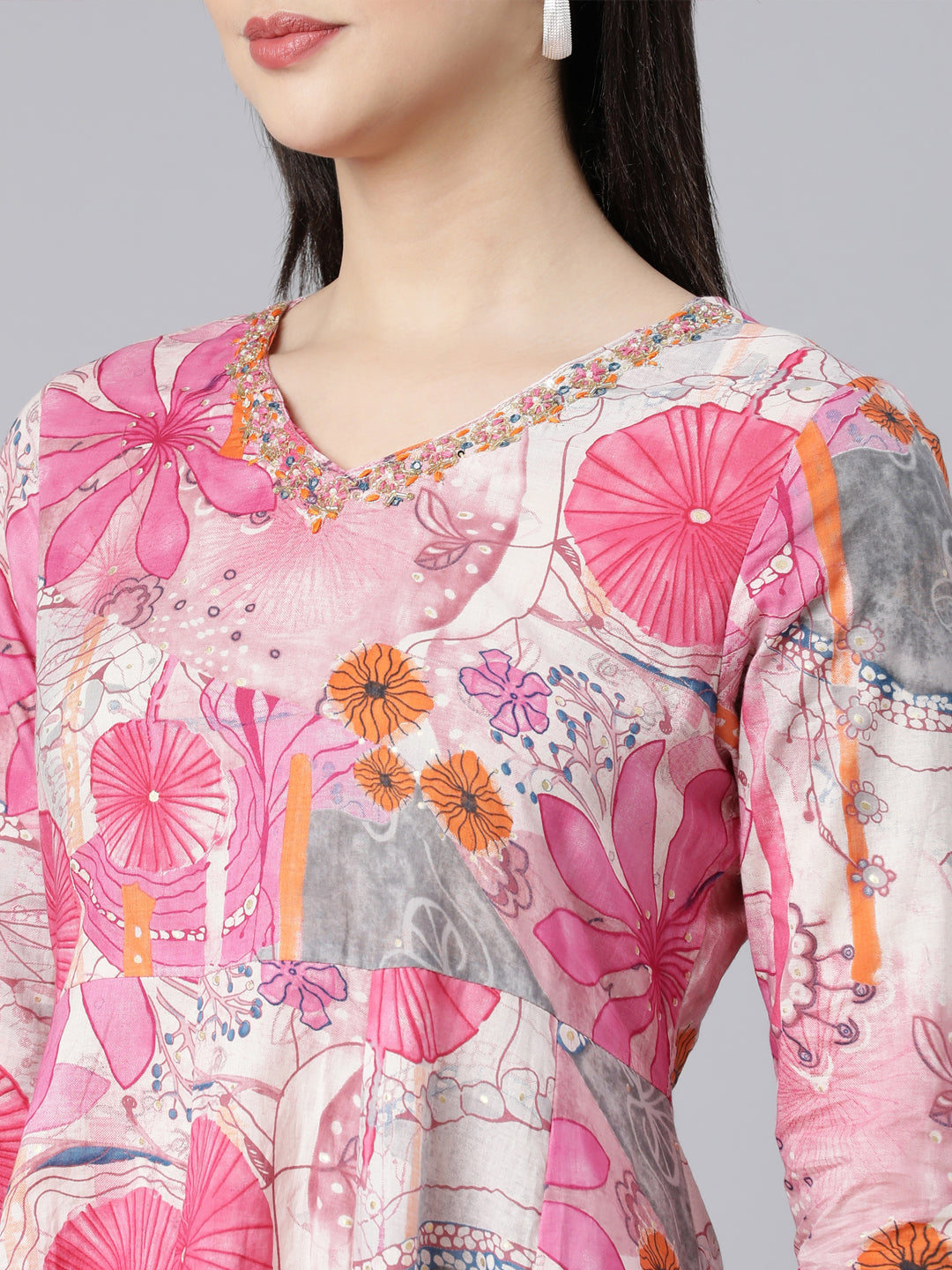 Neerus Pink Panelled Straight Printed Kurta And Trousers With Dupatta