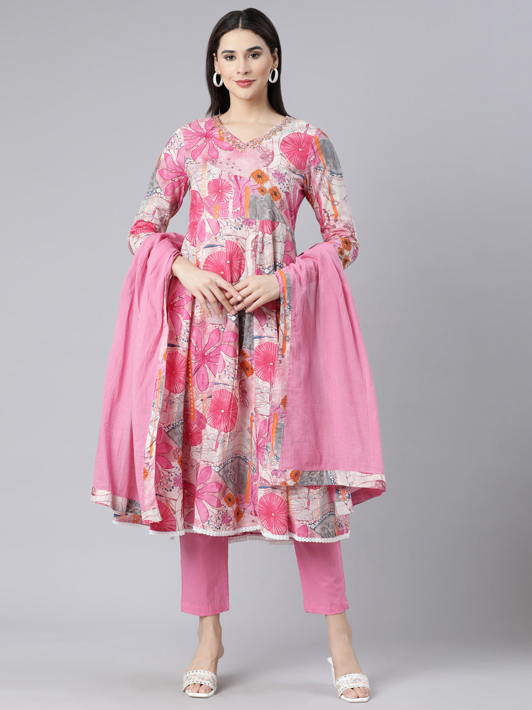 Neerus Pink Panelled Straight Printed Kurta And Trousers With Dupatta