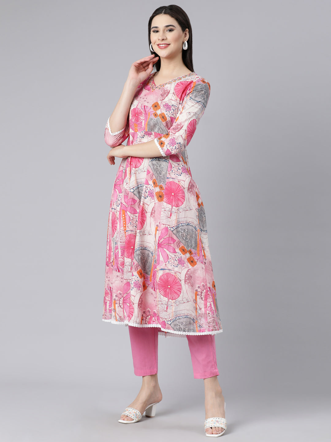 Neerus Pink Panelled Straight Printed Kurta And Trousers With Dupatta