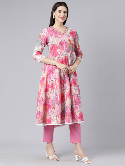 Neerus Pink Panelled Straight Printed Kurta And Trousers With Dupatta