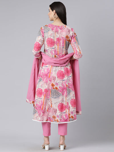 Neerus Pink Panelled Straight Printed Kurta And Trousers With Dupatta