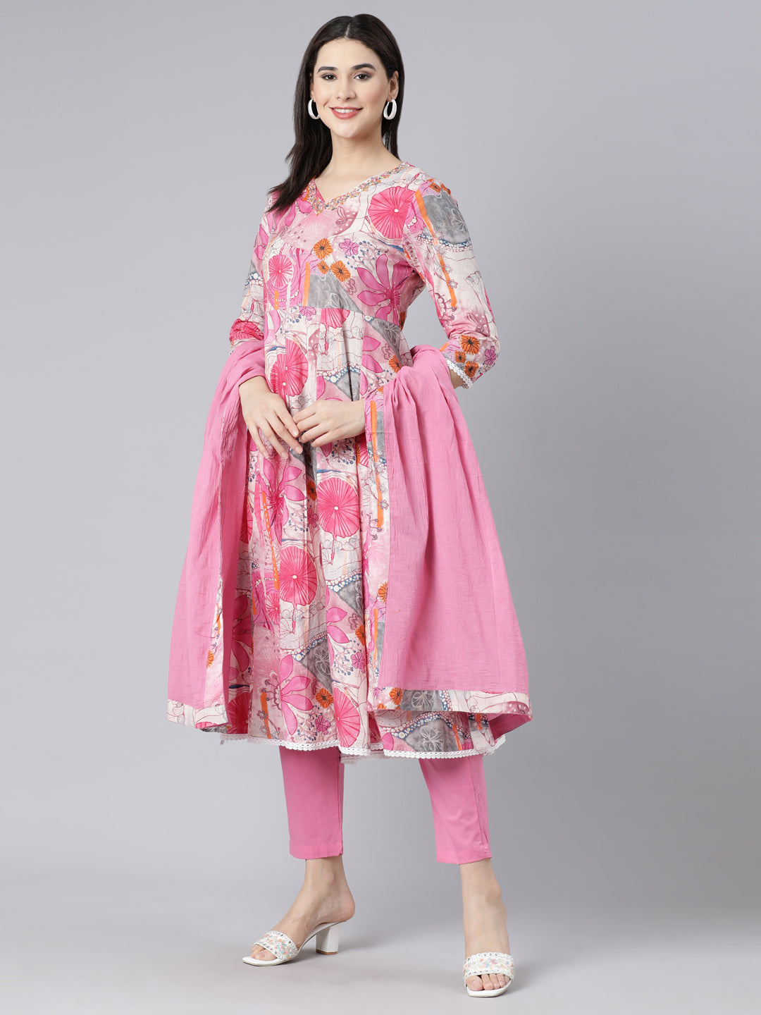 Neerus Pink Panelled Straight Printed Kurta And Trousers With Dupatta