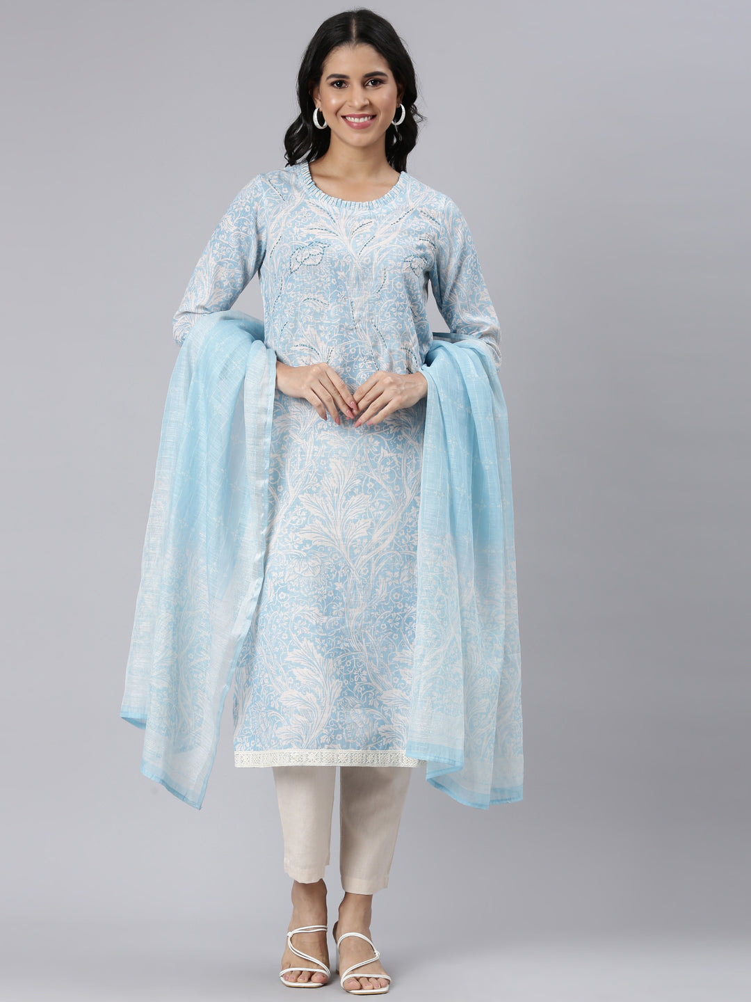 Neerus Blue Regular Straight Printed Kurta and Trousers With Dupatta