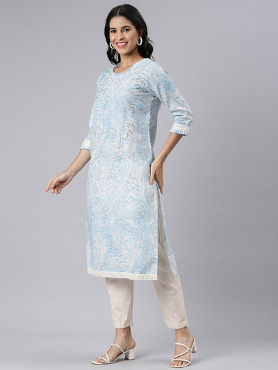 Neerus Blue Regular Straight Printed Kurta and Trousers With Dupatta