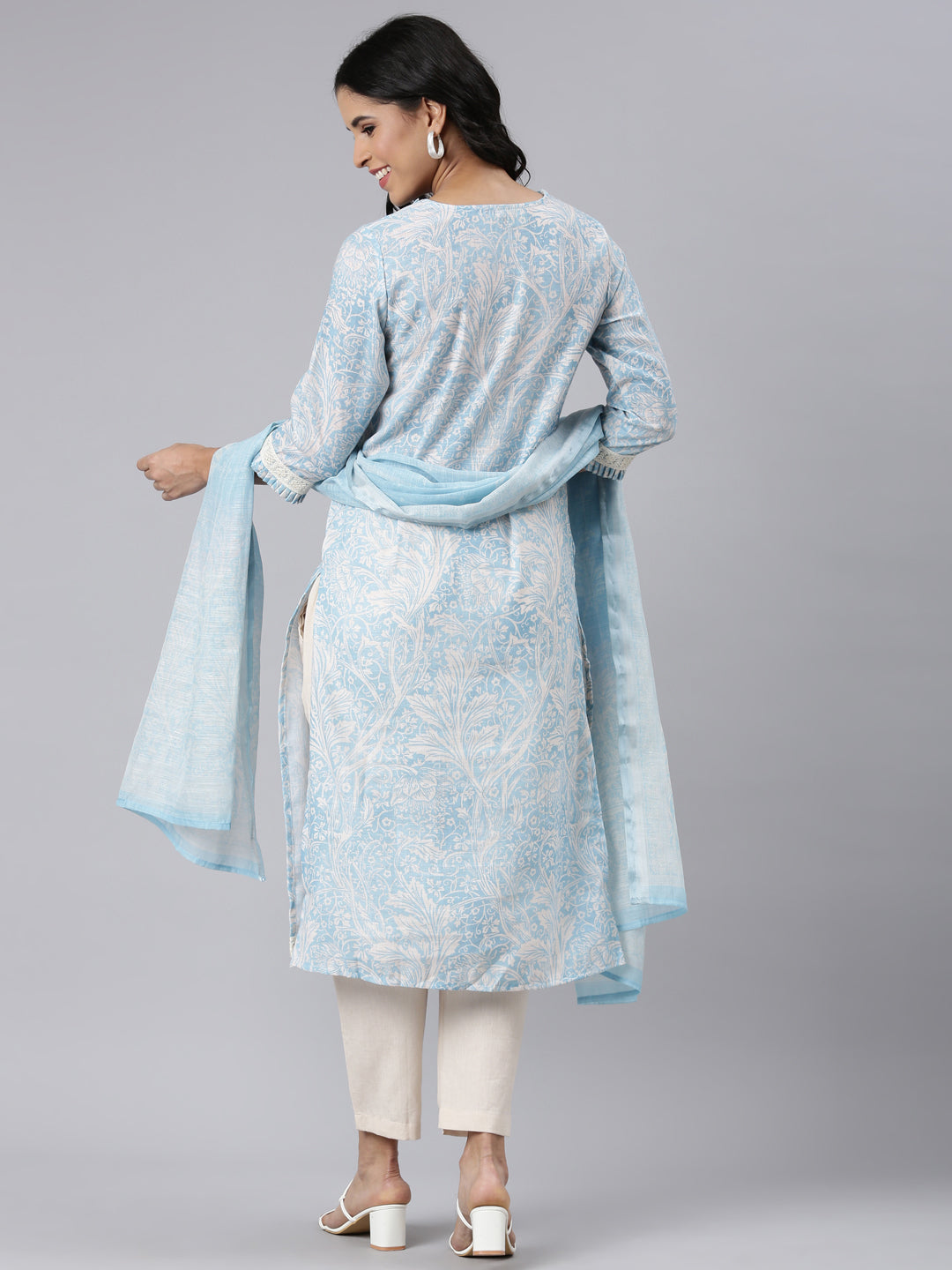 Neerus Blue Regular Straight Printed Kurta and Trousers With Dupatta