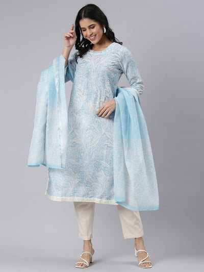 Neerus Blue Regular Straight Printed Kurta and Trousers With Dupatta