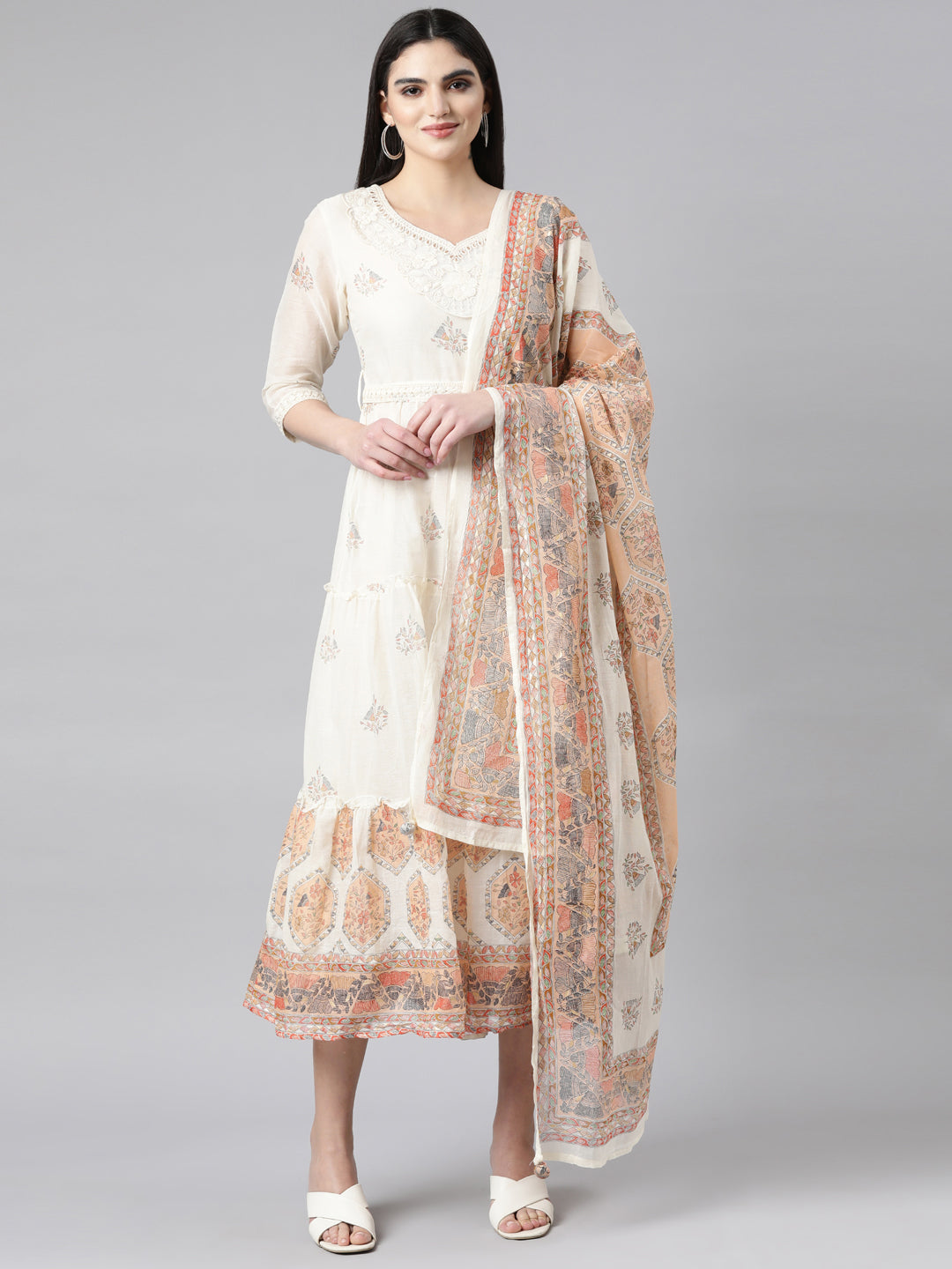 Neerus Cream Regular Anarkali Floral Kurtas With Dupatta