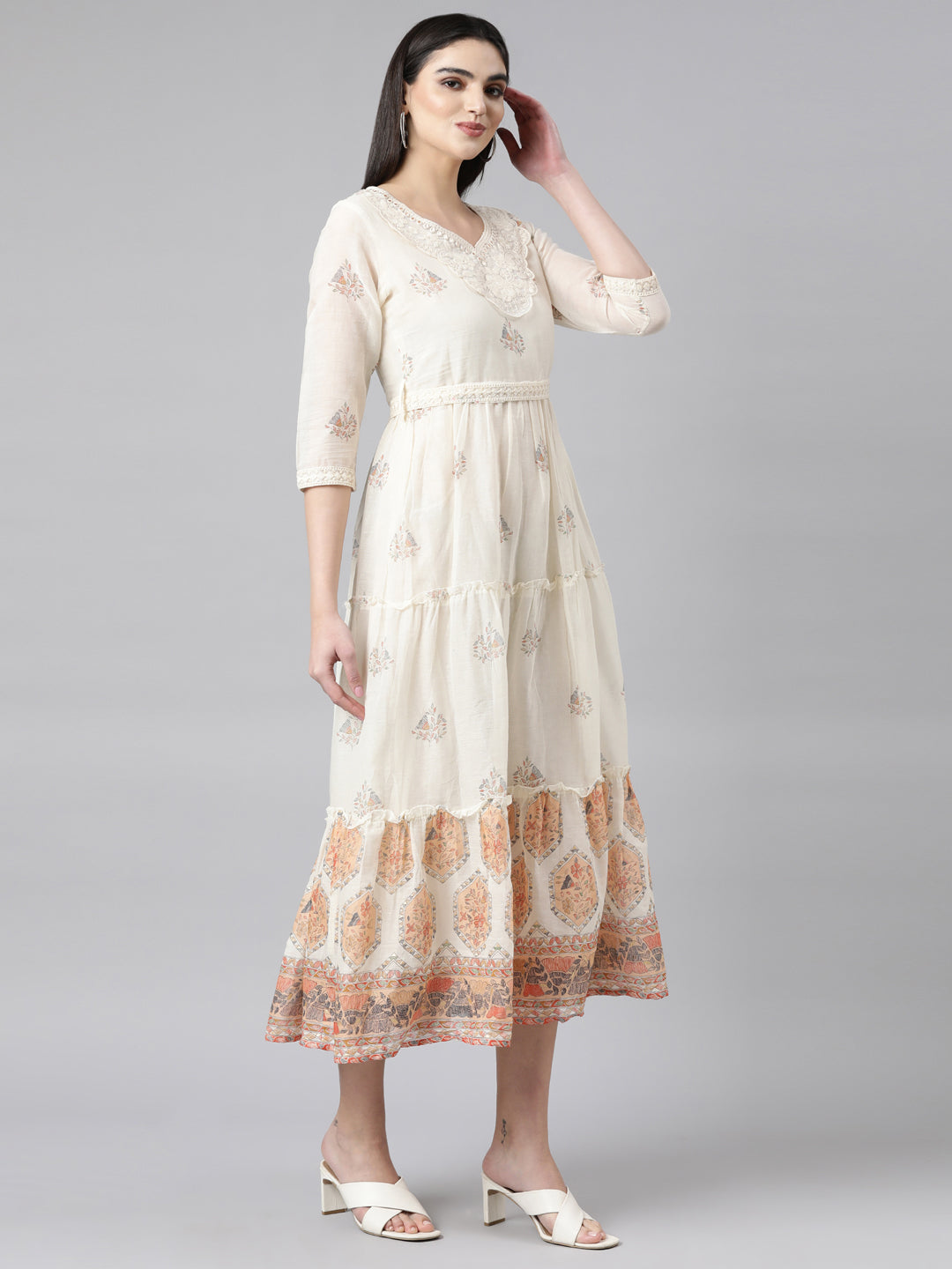 Neerus Cream Regular Anarkali Floral Kurtas With Dupatta