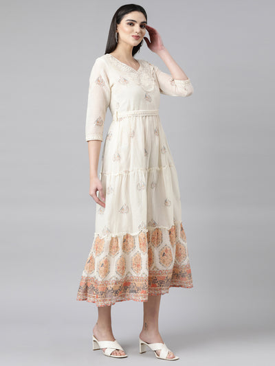 Neerus Cream Regular Anarkali Floral Kurtas With Dupatta