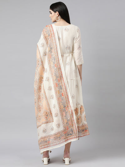 Neerus Cream Regular Anarkali Floral Kurtas With Dupatta