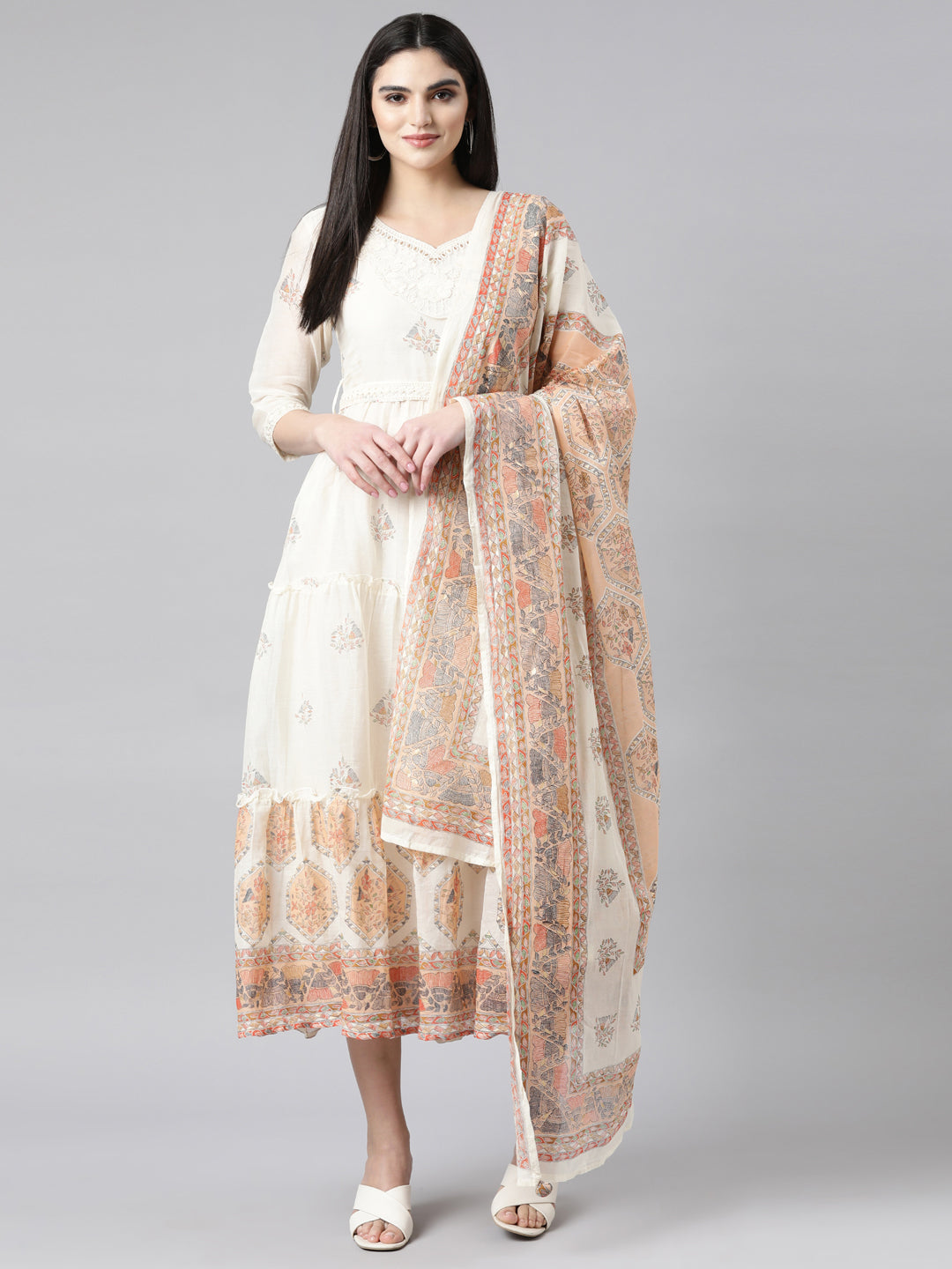 Neerus Cream Regular Anarkali Floral Kurtas With Dupatta