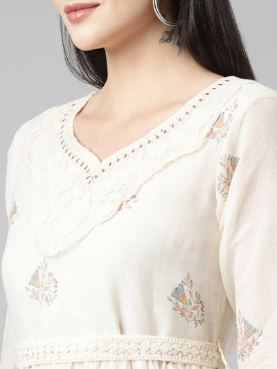 Neerus Cream Regular Anarkali Floral Kurtas With Dupatta