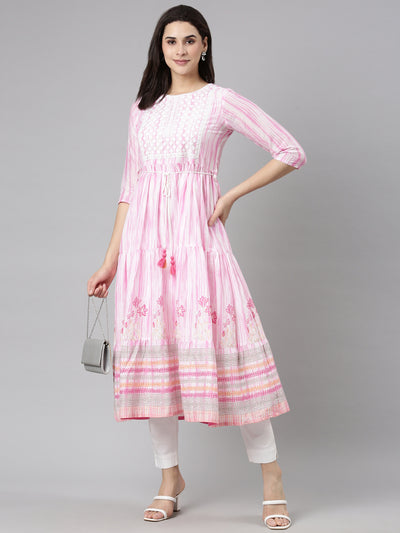 Neerus Pink Flounce Casual Floral Fit and Flare Dresses