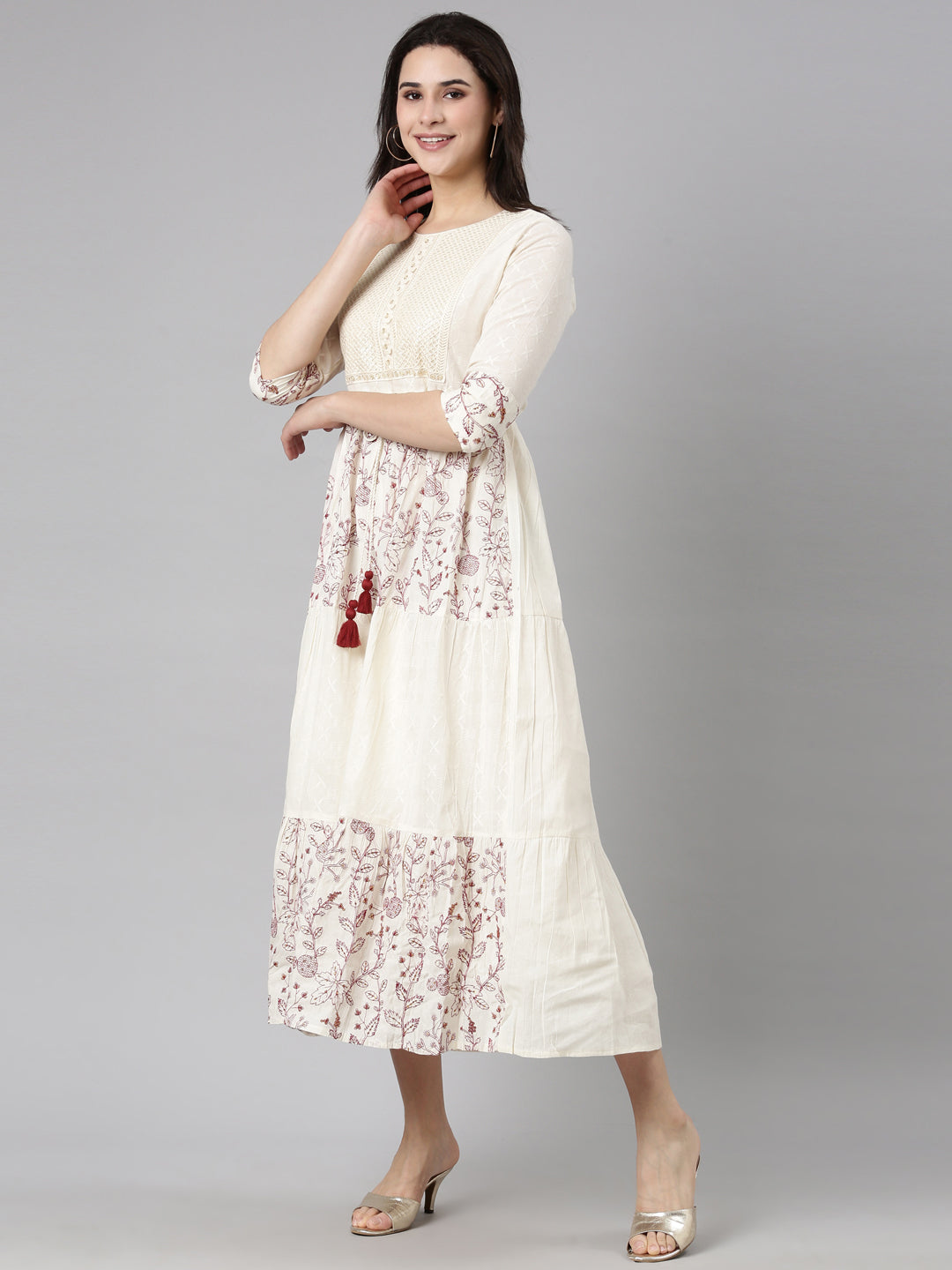 Neerus Cream Flounce Casual Floral Fit and Flare Dresses