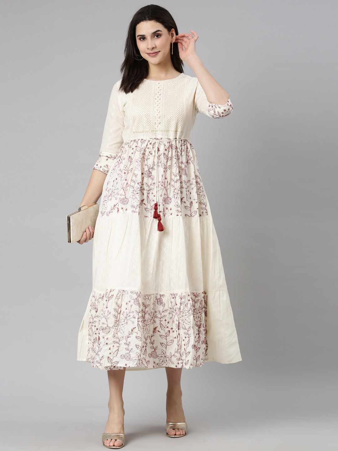 Neerus Cream Flounce Casual Floral Fit and Flare Dresses