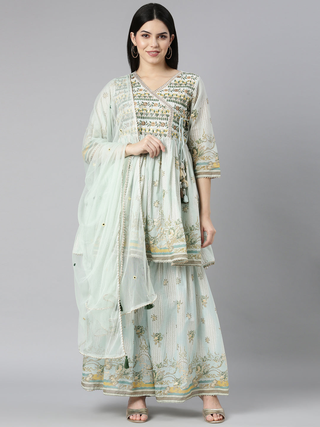 Neerus Blue Regular Straight Floral Kurta And Sharara With Dupatta