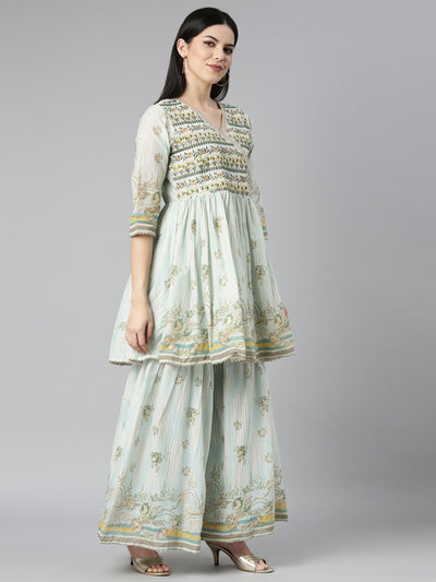 Neerus Blue Regular Straight Floral Kurta And Sharara With Dupatta