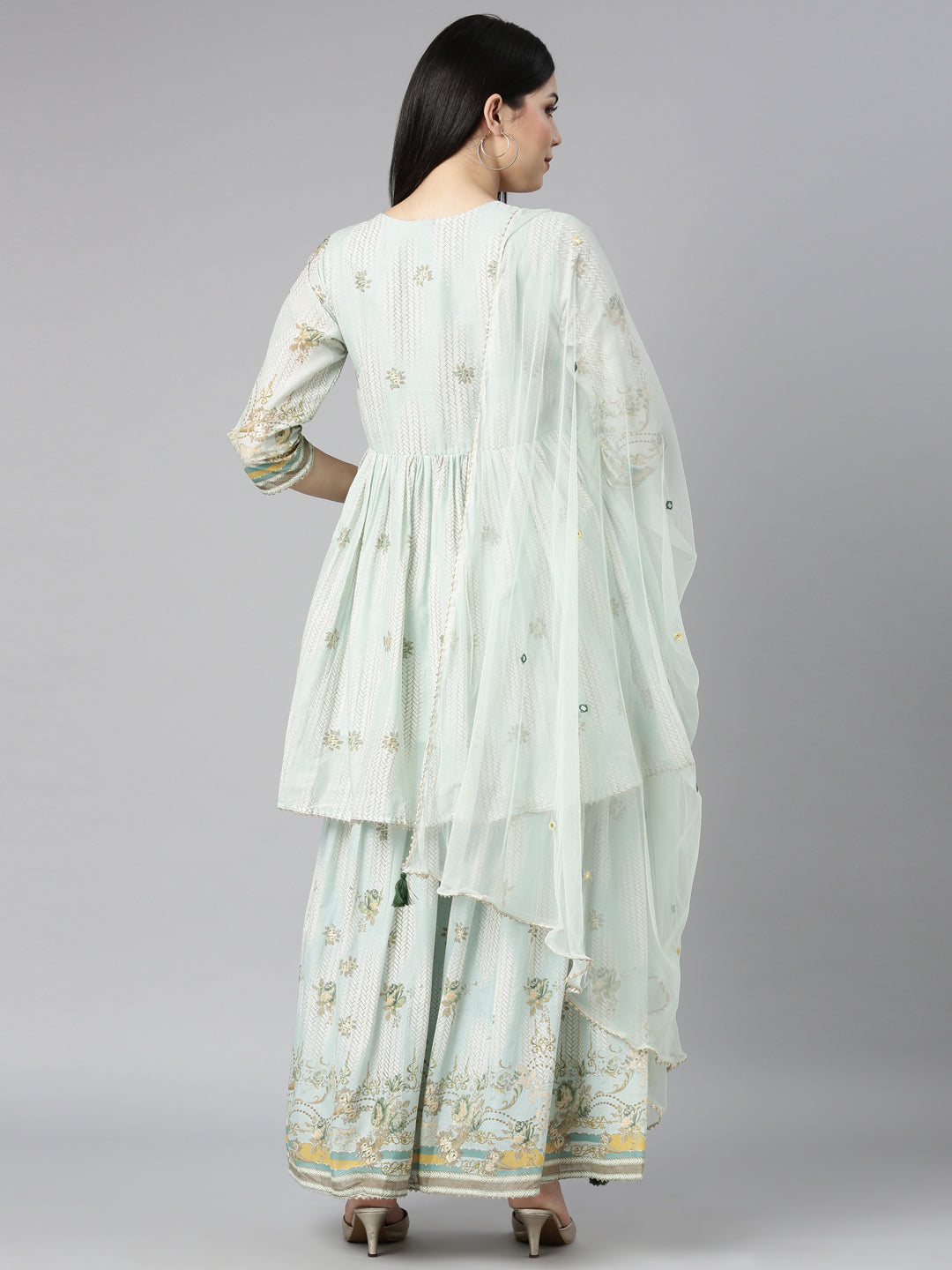 Neerus Blue Regular Straight Floral Kurta And Sharara With Dupatta