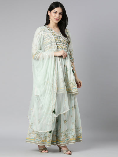 Neerus Blue Regular Straight Floral Kurta And Sharara With Dupatta