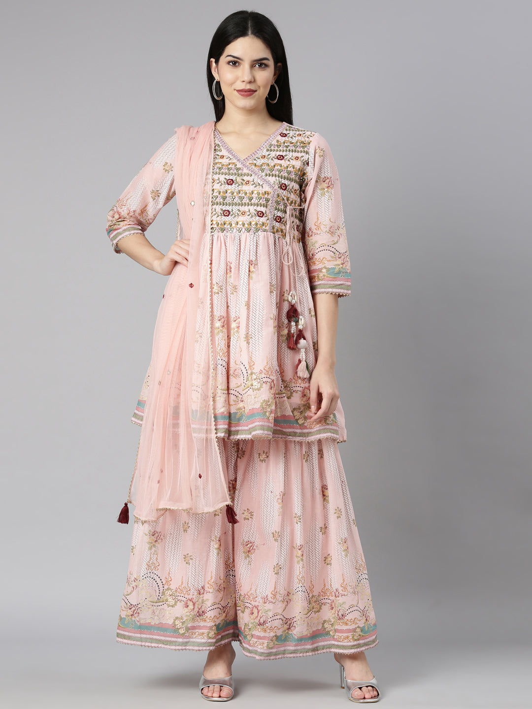 Neerus Peach Regular Straight Floral Kurta And Sharara With Dupatta