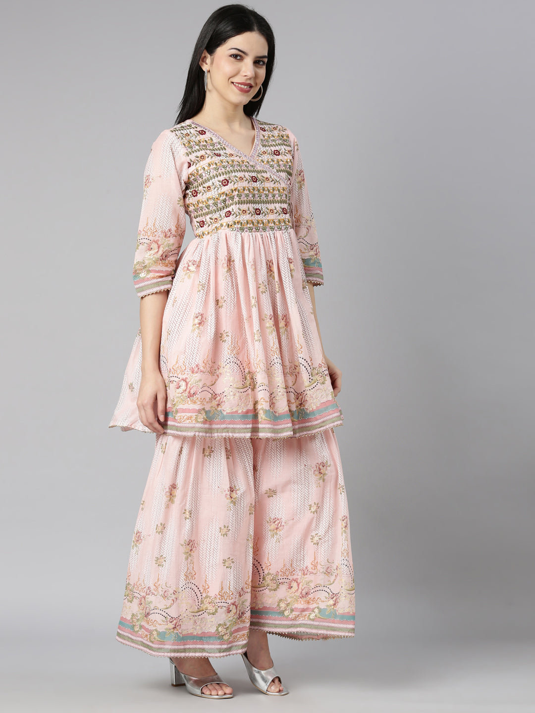 Neerus Peach Regular Straight Floral Kurta And Sharara With Dupatta