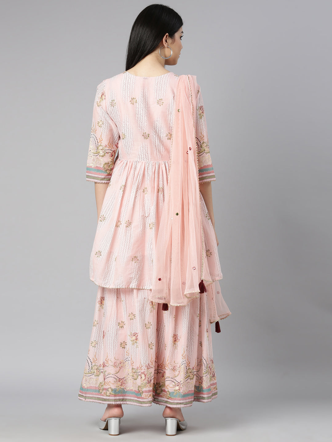 Neerus Peach Regular Straight Floral Kurta And Sharara With Dupatta