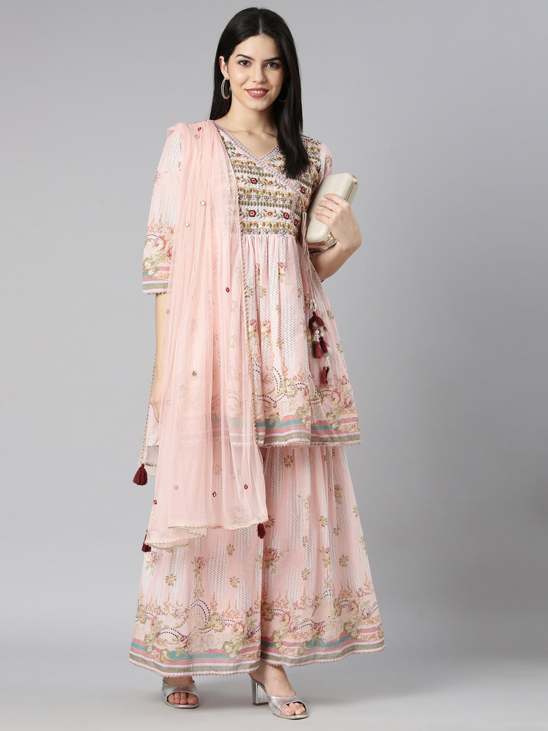 Neerus Peach Regular Straight Floral Kurta And Sharara With Dupatta