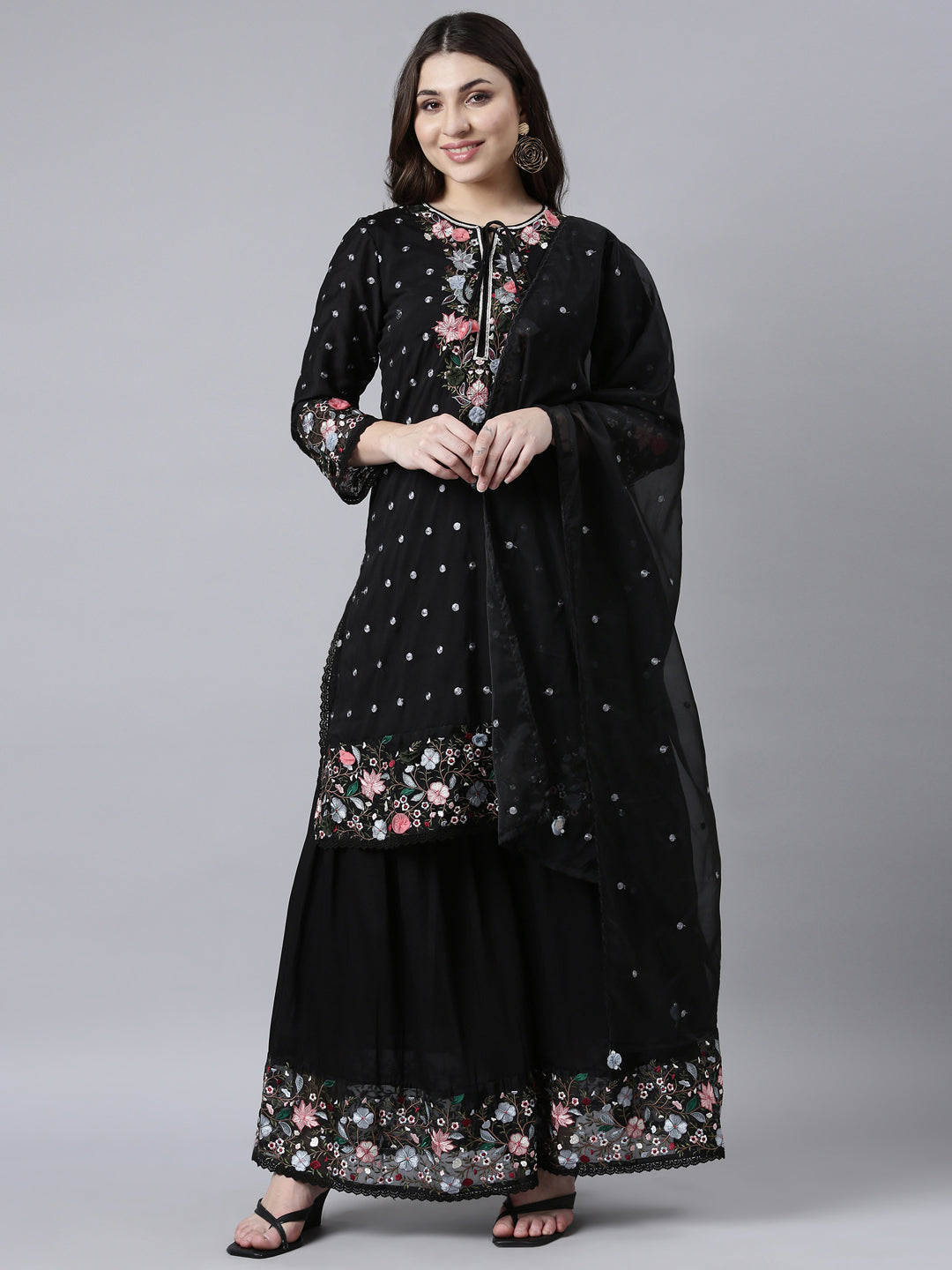 Neerus Black Regular Straight Floral Kurta And Sharara With Dupatta