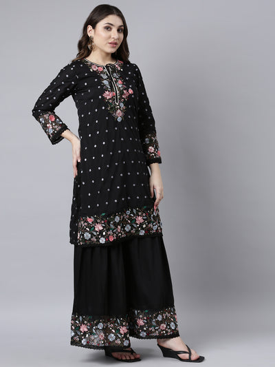 Neerus Black Regular Straight Floral Kurta And Sharara With Dupatta