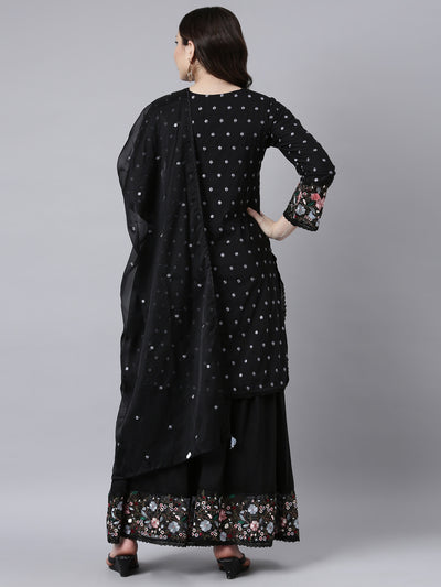 Neerus Black Regular Straight Floral Kurta And Sharara With Dupatta