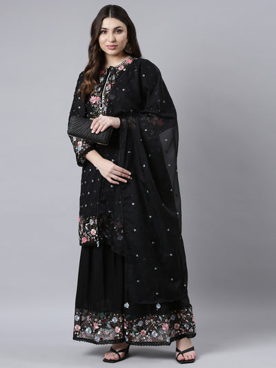 Neerus Black Regular Straight Floral Kurta And Sharara With Dupatta