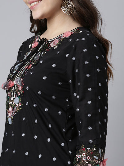 Neerus Black Regular Straight Floral Kurta And Sharara With Dupatta