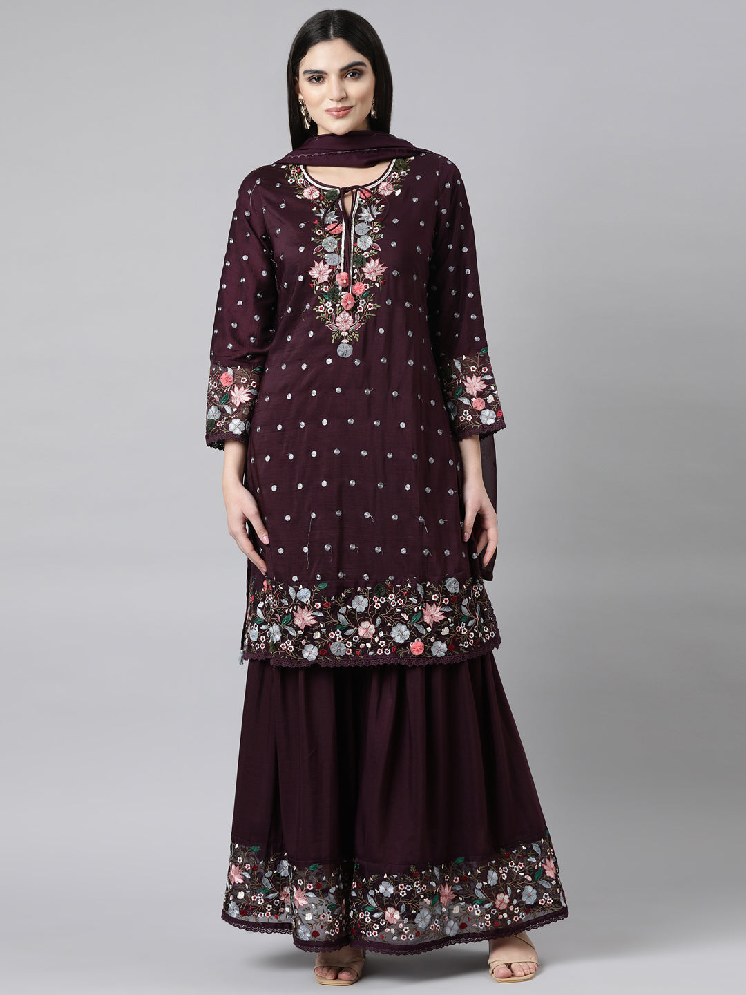 Neerus Purple Regular Straight Floral Kurta And Sharara With Dupatta