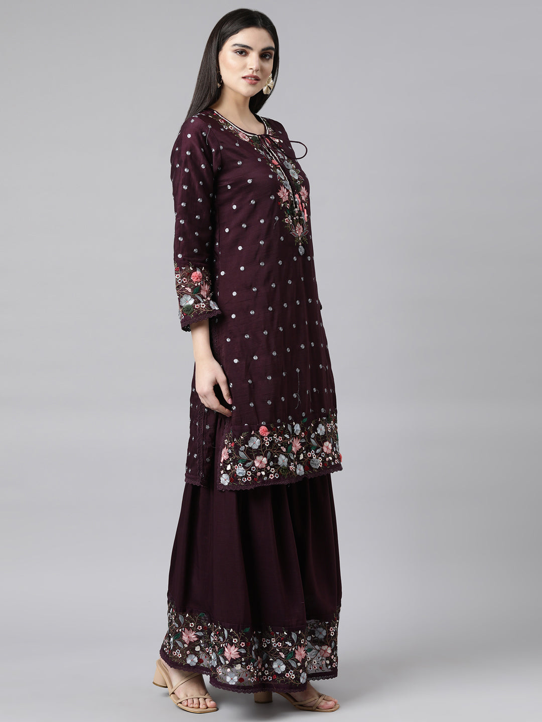 Neerus Purple Regular Straight Floral Kurta And Sharara With Dupatta