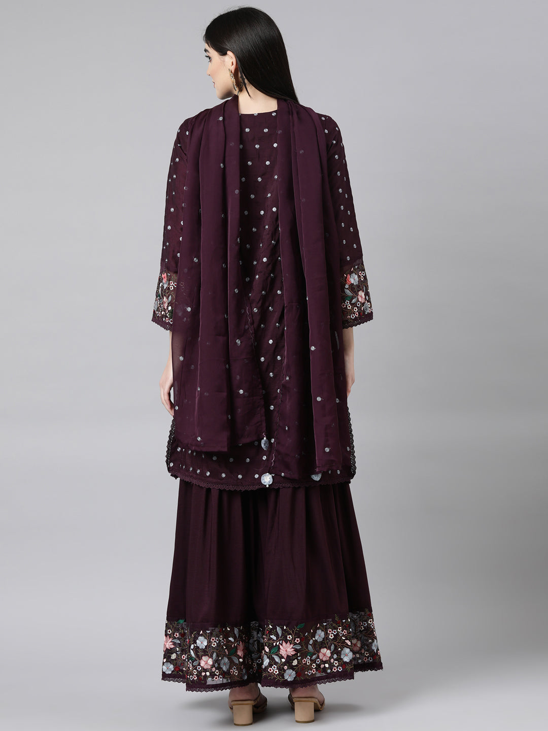 Neerus Purple Regular Straight Floral Kurta And Sharara With Dupatta